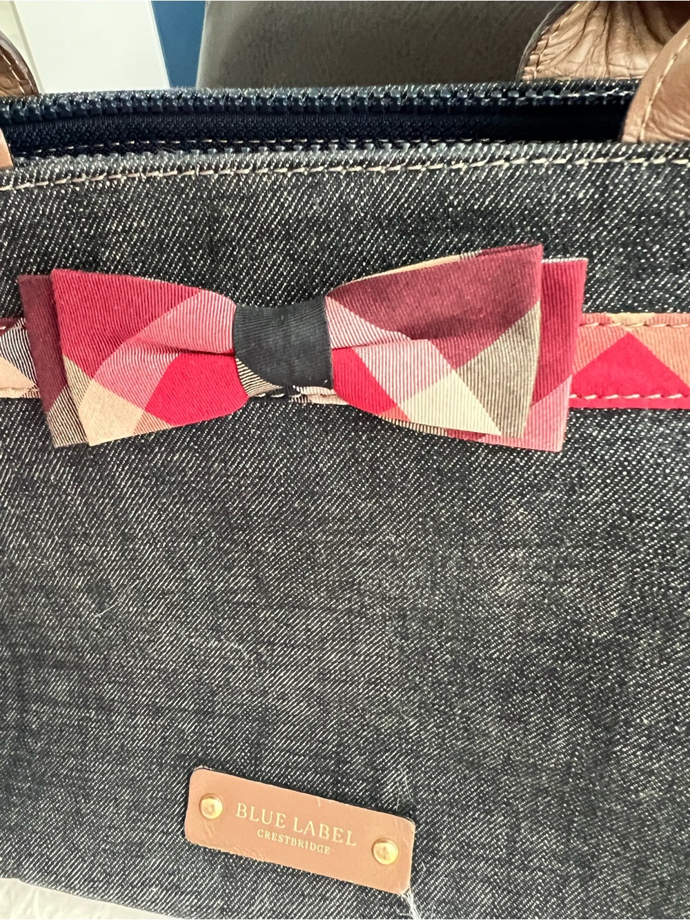 Burberry Blue Label Denim Tote with Pink Patterned Bow and Tan Handles - Picture 11 of 11